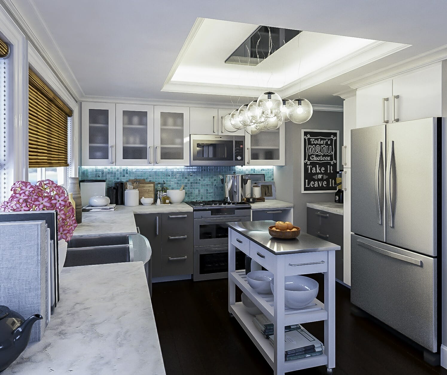 online interior design services Interior kitchen services modern decorilla help decorating appliances renovation 3d realistic rendering kitchens tile cabinets gray